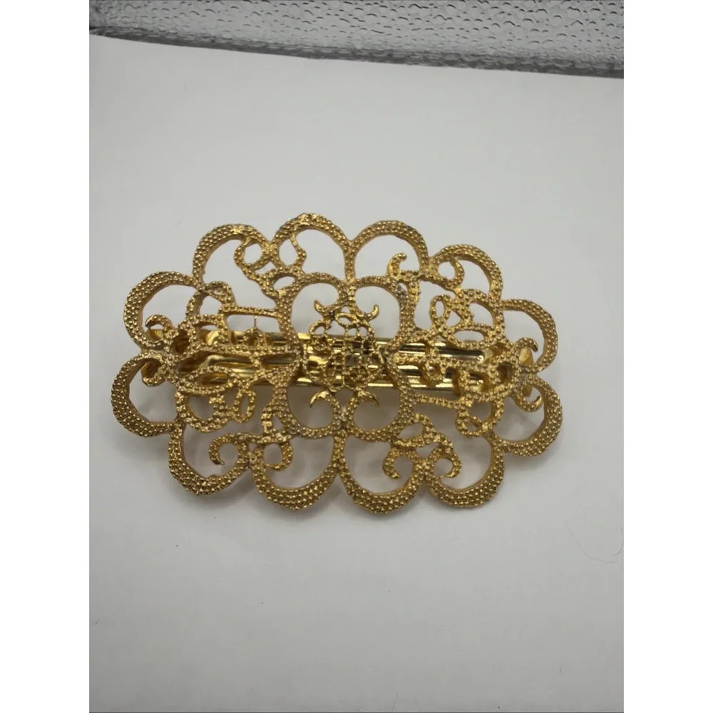 Vintage Gold Tone Filigree Barrette Hair Clip Scrollwork Design Ornate Textured